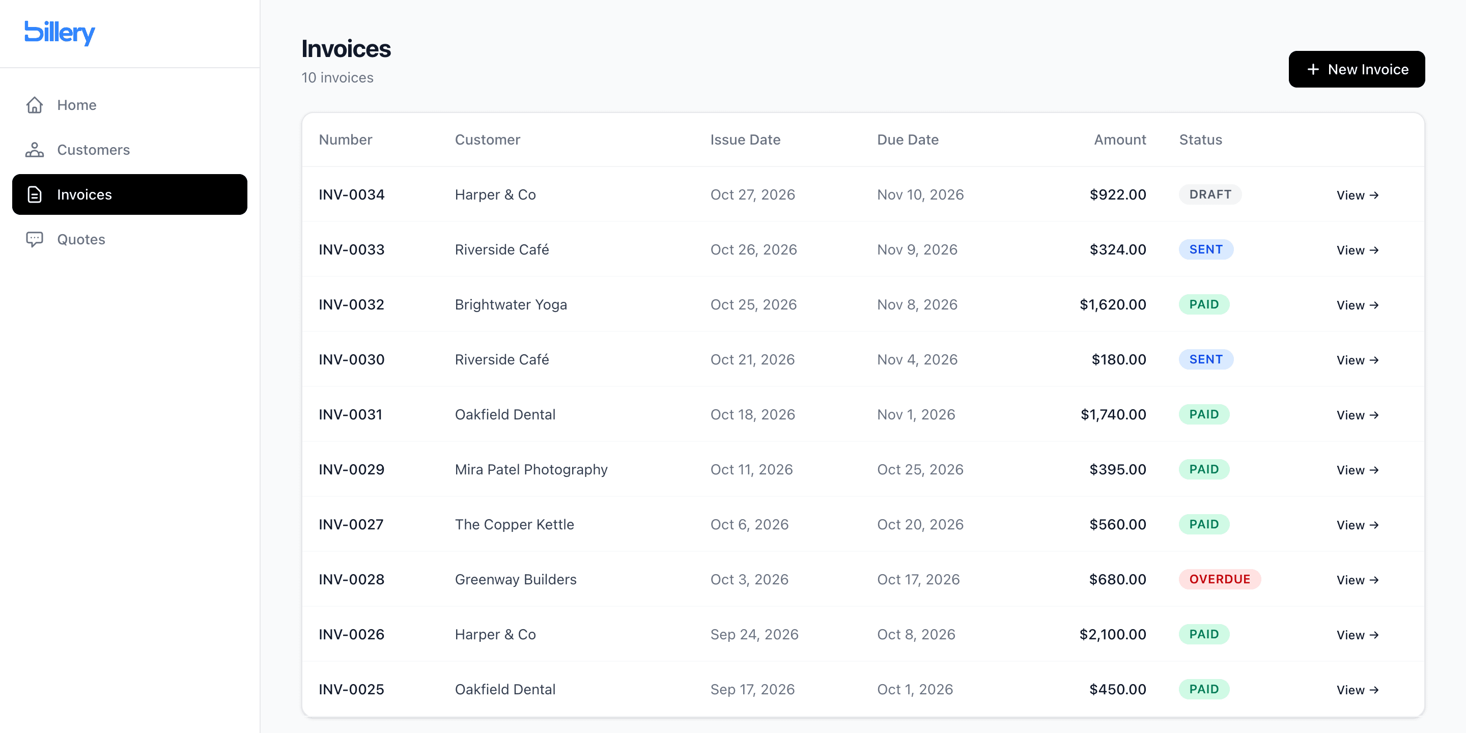 The invoices list showing paid, sent, draft and overdue invoices